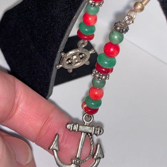 Red Coral and Aventurine Nautical Dangle Earrings - Picture 5 of 7